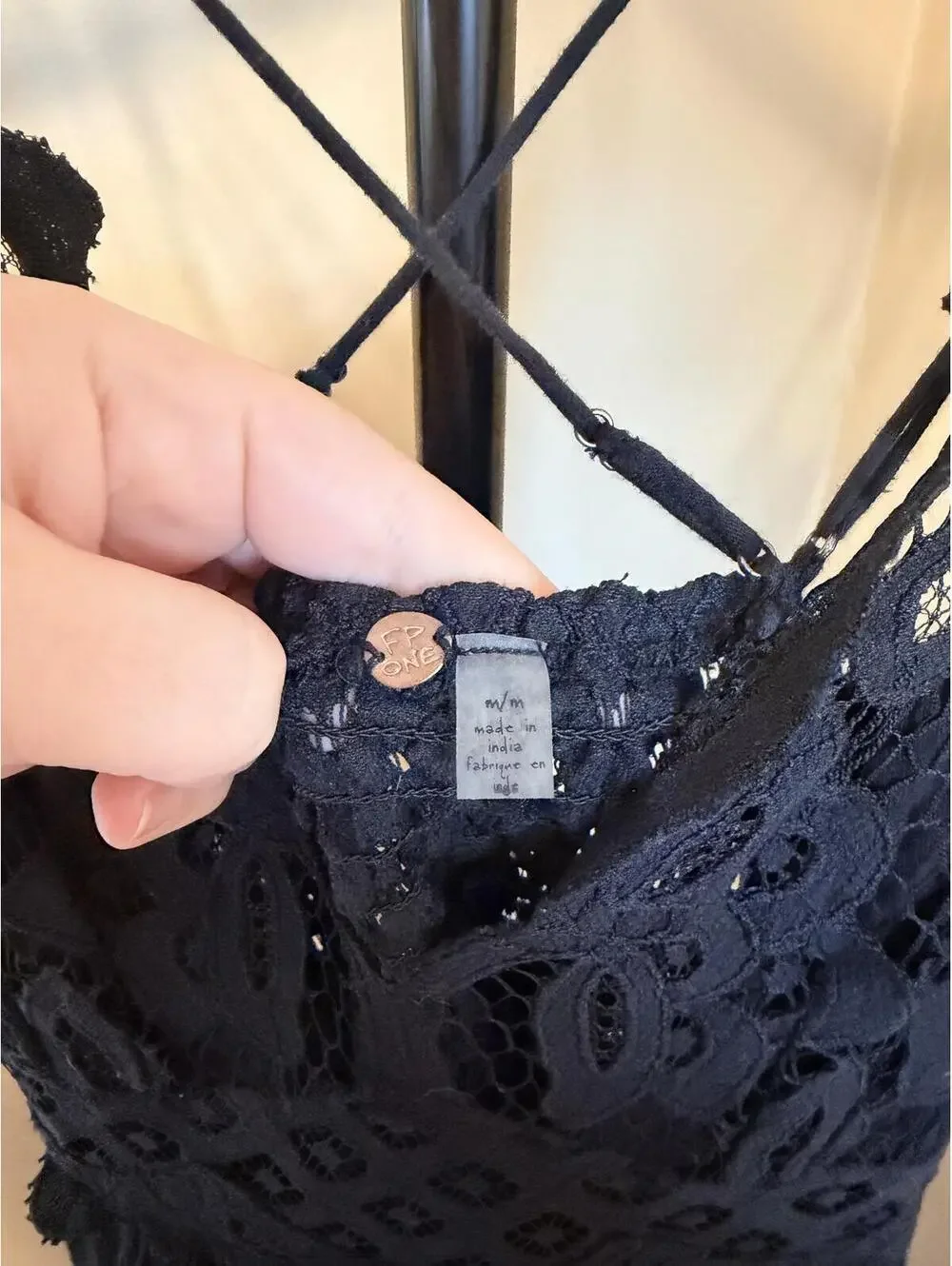 Free People Black Lace Slip Dress Size M Boho Crochet Strappy Mini Dress